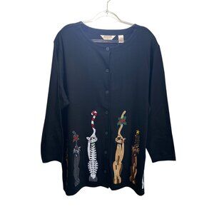 Vtg New Bechamel Festive Whimsical Embroiderd Cat Lady Novelty Cardigan 3X Black